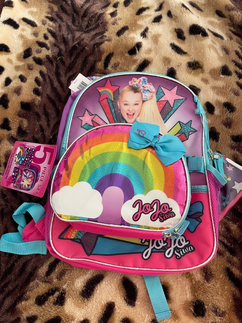 JoJo Siwa Pink Purple Turquoise Rainbow Kids Backpack with Bow Accent